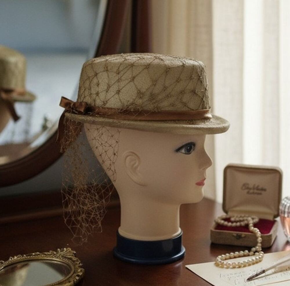 Vintage Copper Gold Derby Rider Hat Small Slim Brim Mesh Tail w/Box Mid-Century